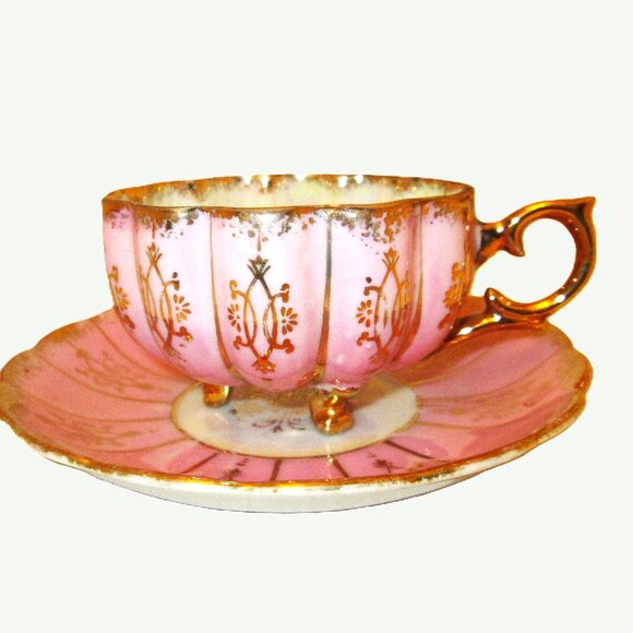 Hand painted pink & gold gilded three legged with iridescent white Shafford Japa - Picture 2 of 10